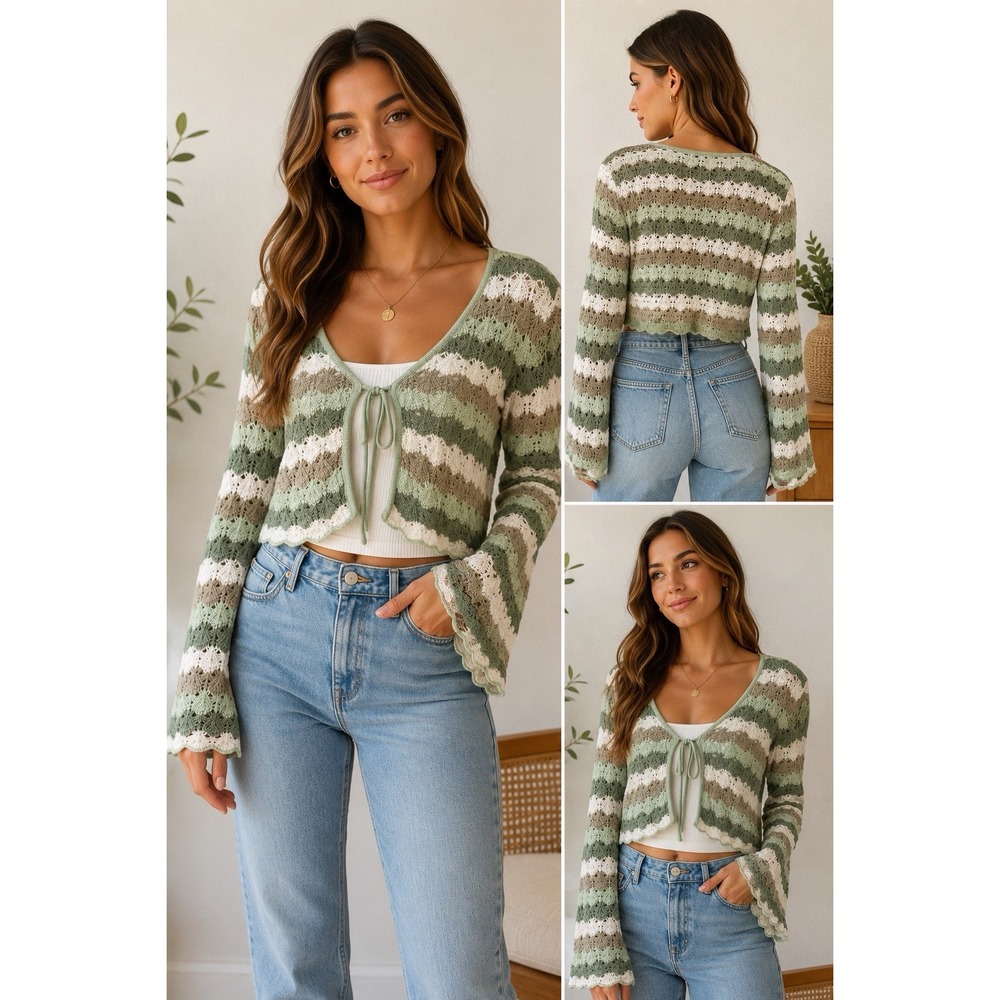 Love Knits Tie Front Crochet Knit Cardigan Boho Bell Sleeve Large Boho Coquette